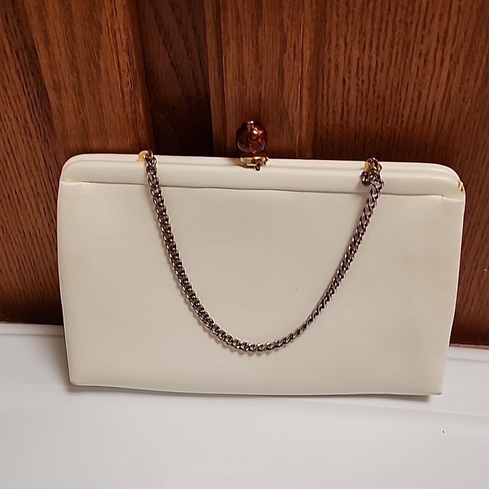 Vintage Cream Clutch with Chain Detail And Built In Pop Up Mirror